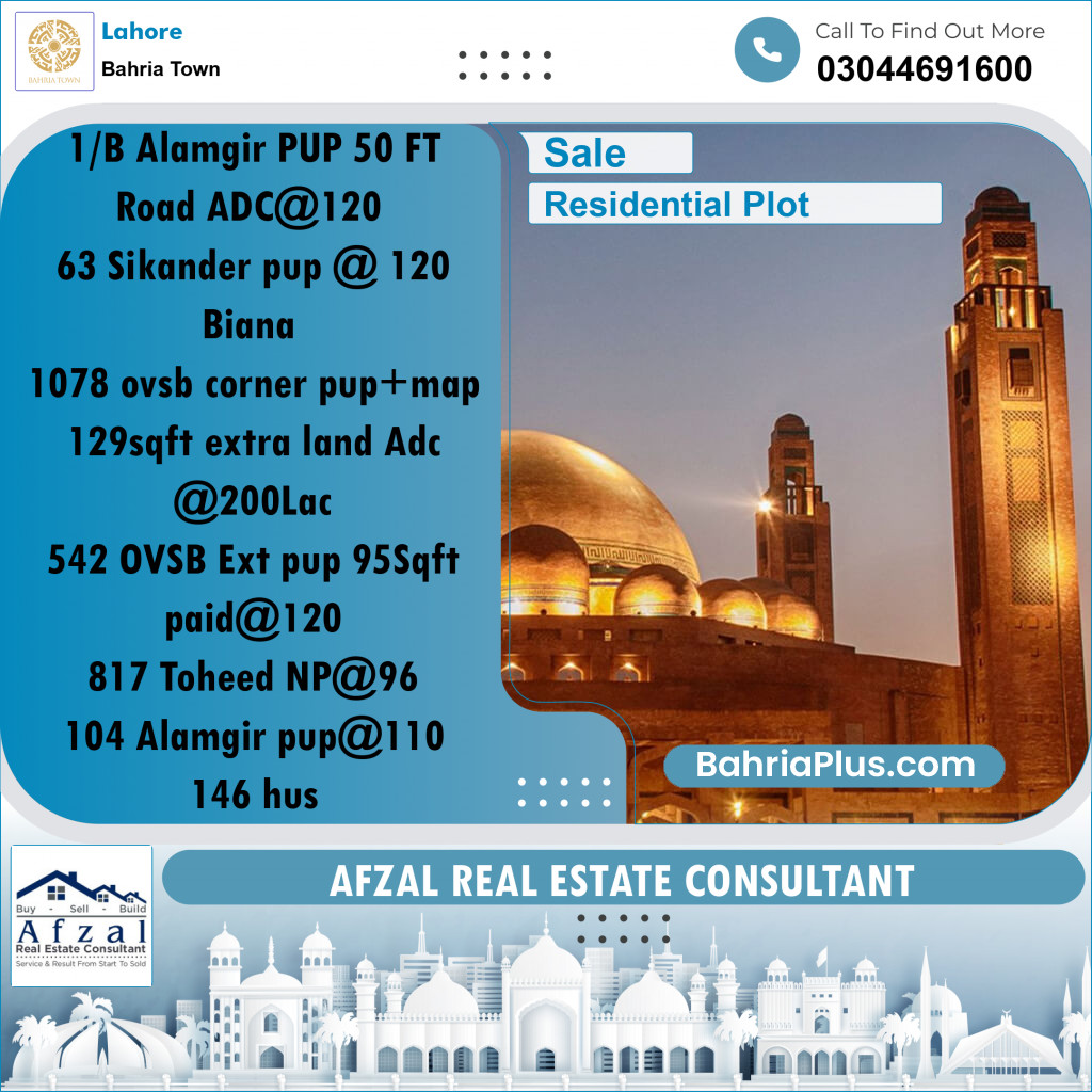 Residential Plot for Sale in Bahria Town, Lahore - (BP-191694)