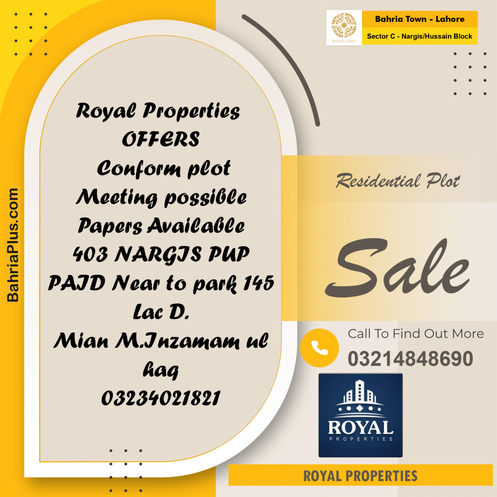 Residential Plot for Sale in Sector C - Nargis/Hussain Block -  Bahria Town, Lahore - (BP-191726)