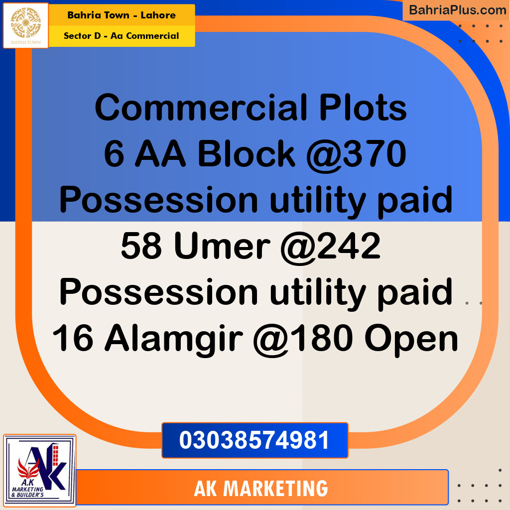 Commercial Plot for Sale in Sector D - AA Commercial -  Bahria Town, Lahore - (BP-191862)