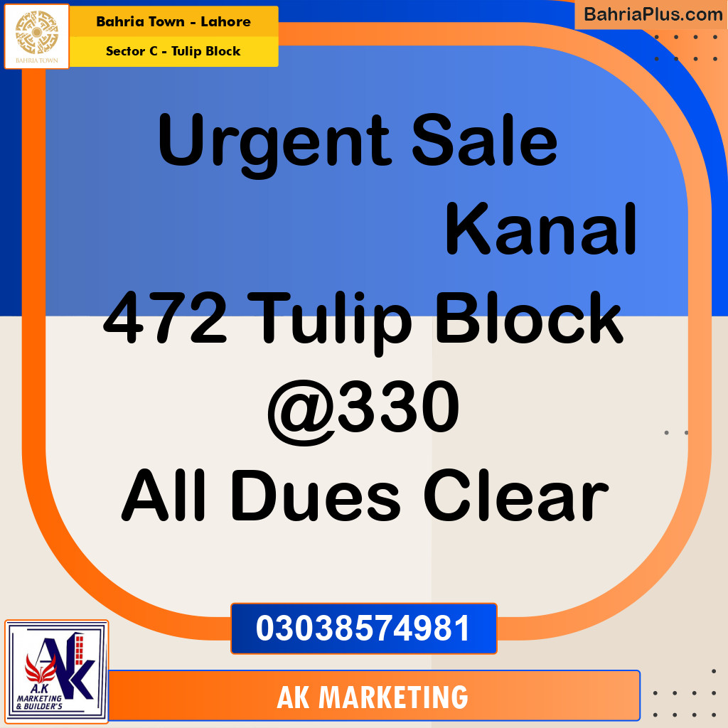 Residential Plot for Sale in Sector C - Tulip Block - Bahria Town, Lahore - (BP-192110)