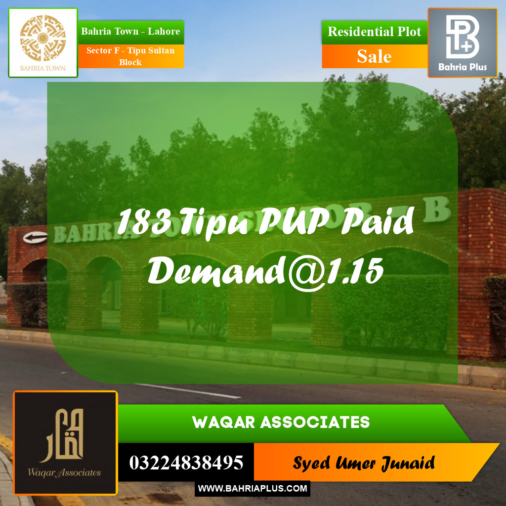 Residential Plot for Sale in Sector F - Tipu Sultan Block -  Bahria Town, Lahore - (BP-192241)