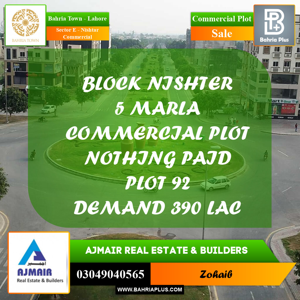 Commercial Plot for Sale in Sector E - Nishtar Commercial -  Bahria Town, Lahore - (BP-192312)