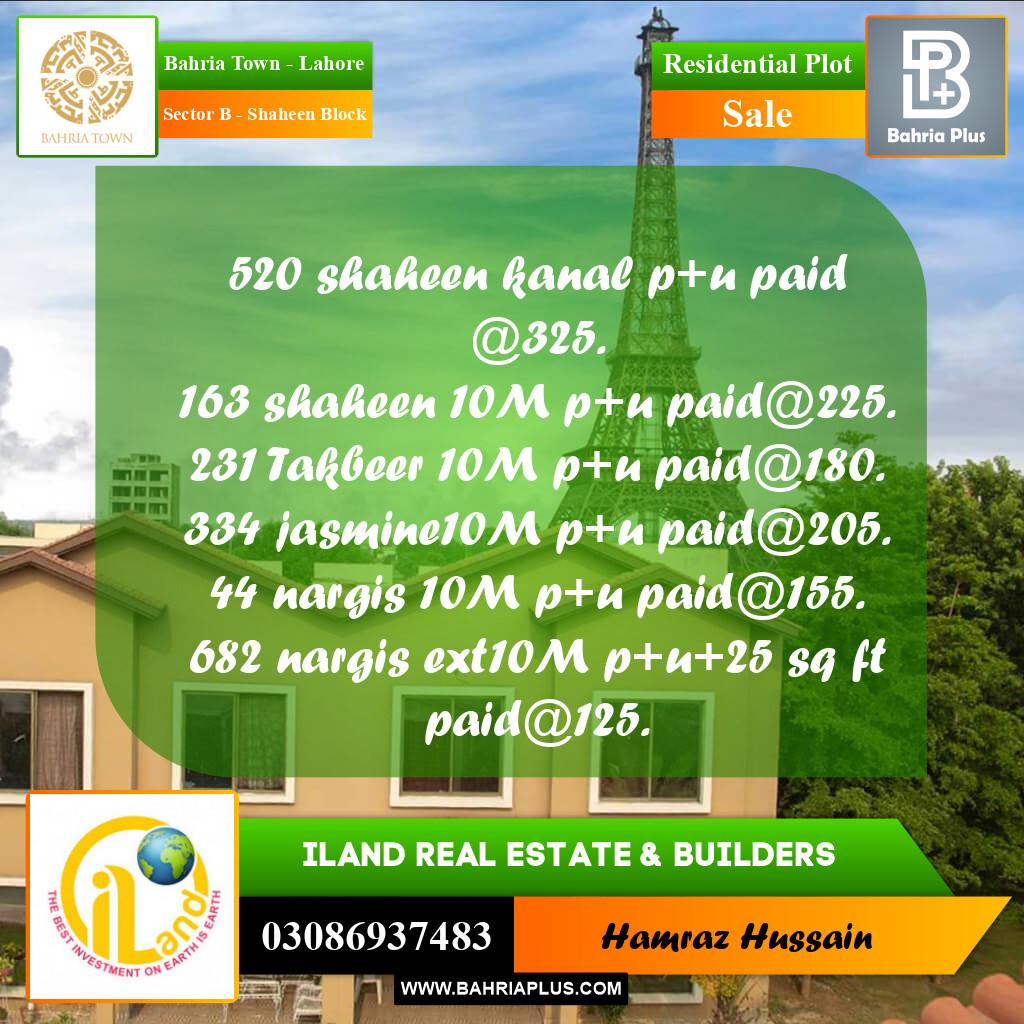 Residential Plot for Sale in Sector B - Shaheen Block -  Bahria Town, Lahore - (BP-192545)