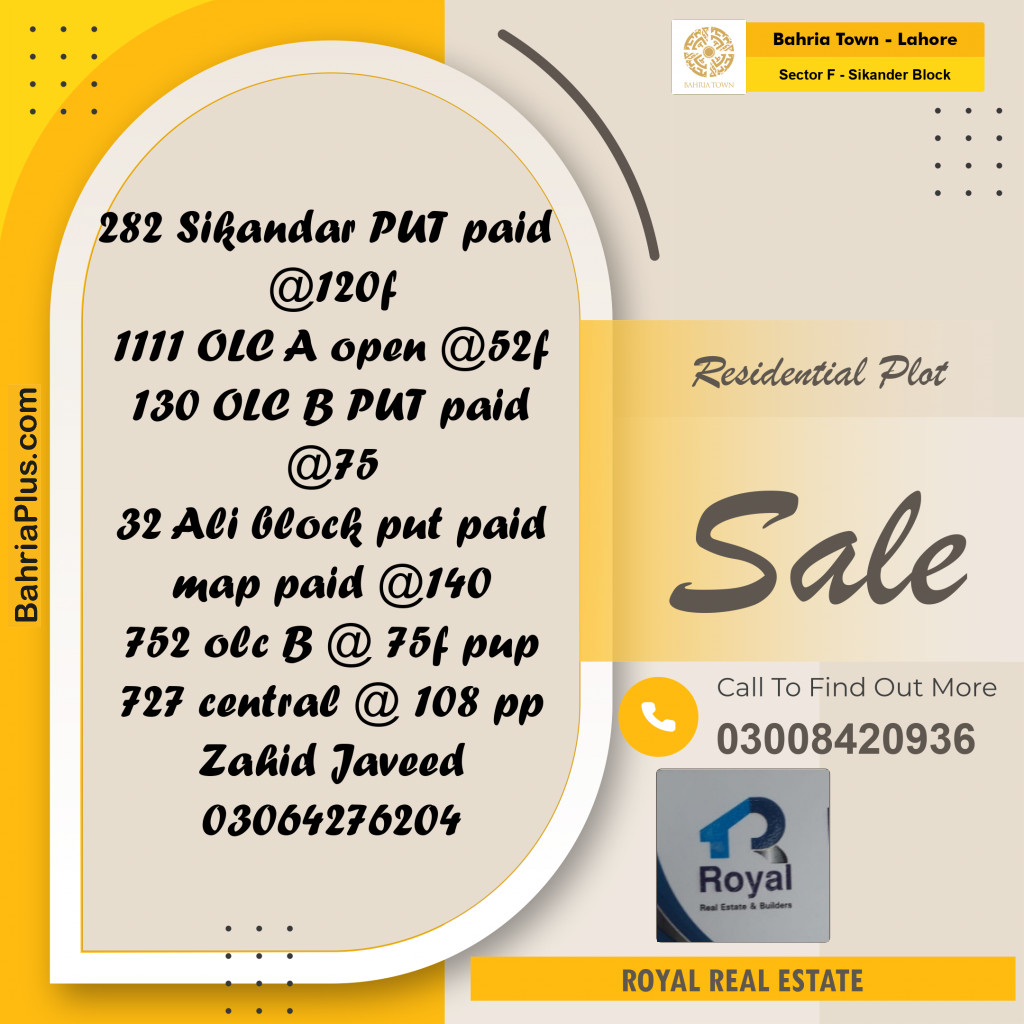 Residential Plot for Sale in Sector F - Sikander Block - Bahria Town, Lahore - (BP-192699)