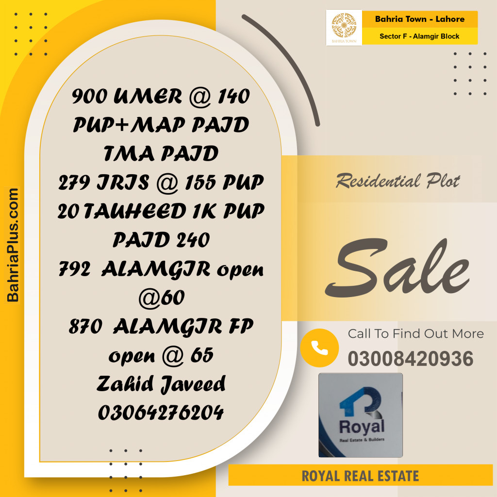 Residential Plot for Sale in Sector F - Alamgir Block -  Bahria Town, Lahore - (BP-192700)