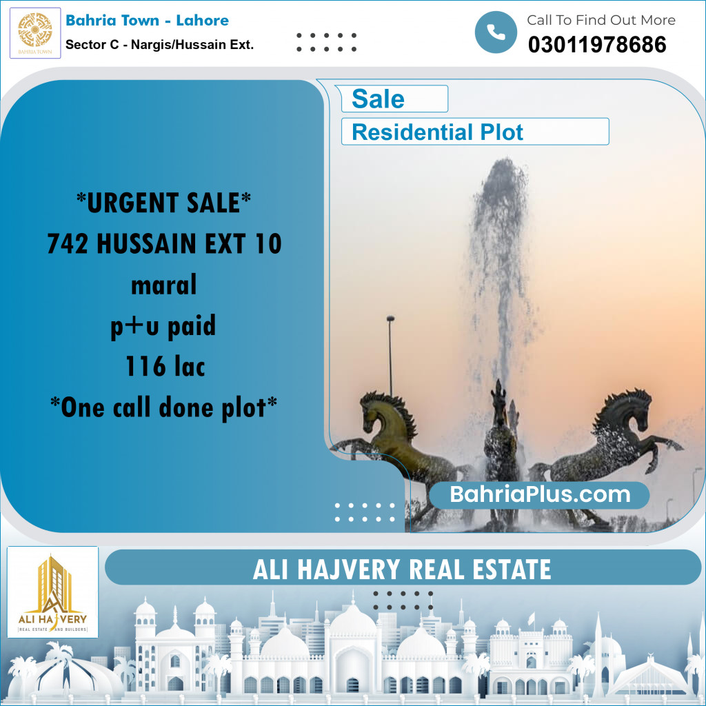 Residential Plot for Sale in Sector C - Nargis/Hussain Ext. - Bahria Town, Lahore - (BP-192810)