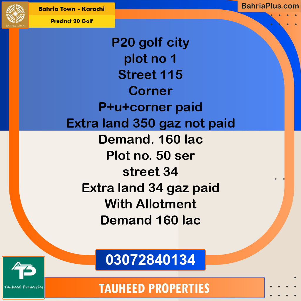 850 Sq. Yards Residential Plot for Sale in Precinct 20 Golf -  Bahria Town, Karachi - (BP-192901)