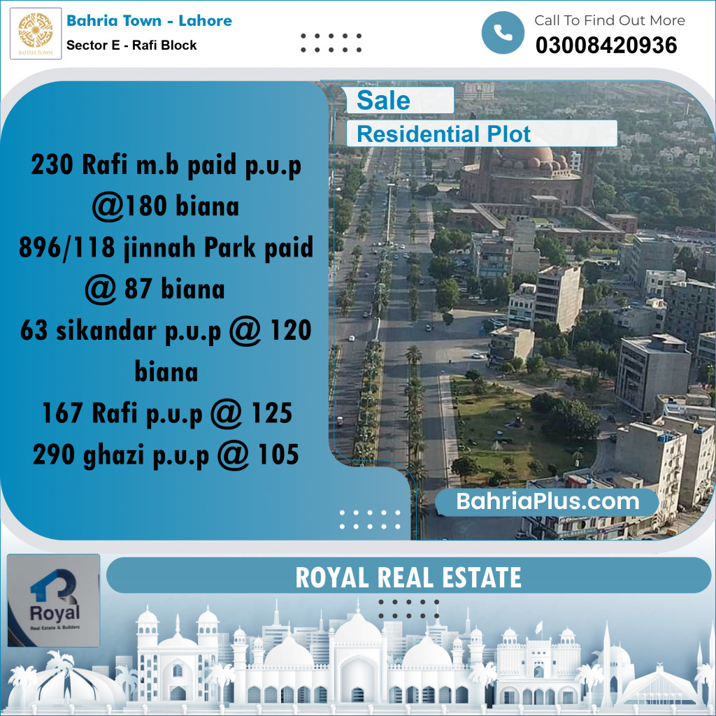 Residential Plot for Sale in Sector E - Rafi Block -  Bahria Town, Lahore - (BP-193040)