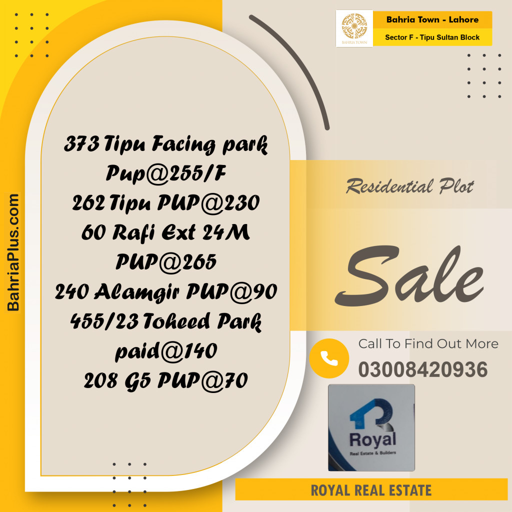 Residential Plot for Sale in Sector F - Tipu Sultan Block -  Bahria Town, Lahore - (BP-193044)