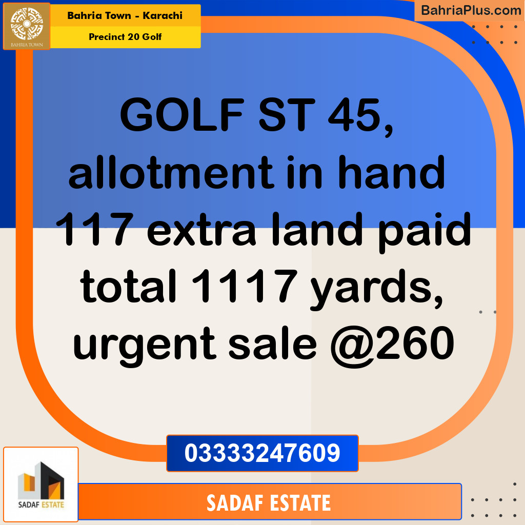 1117 Sq. Yards Residential Plot for Sale in Precinct 20 Golf -  Bahria Town, Karachi - (BP-193317)