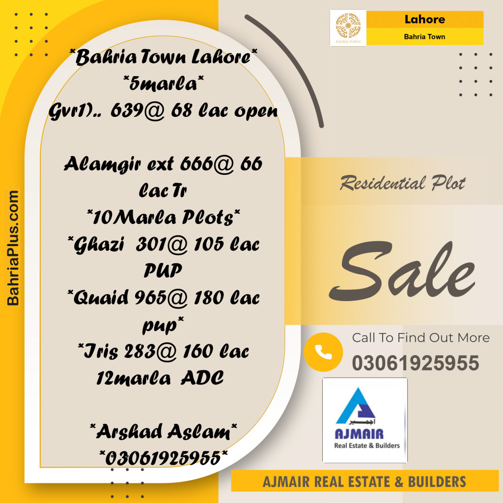 Residential Plot for Sale in Bahria Town, Lahore - (BP-193518)