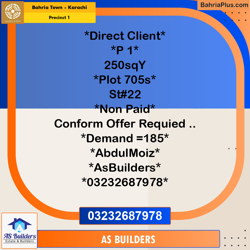 250 Sq. Yards Residential Plot for Sale in Precinct 1 -  Bahria Town, Karachi - (BP-193877)