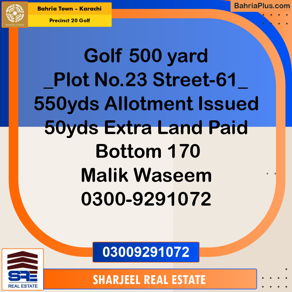 550 Sq. Yards Residential Plot for Sale in Precinct 20 Golf - Bahria Town, Karachi - (BP-194249)