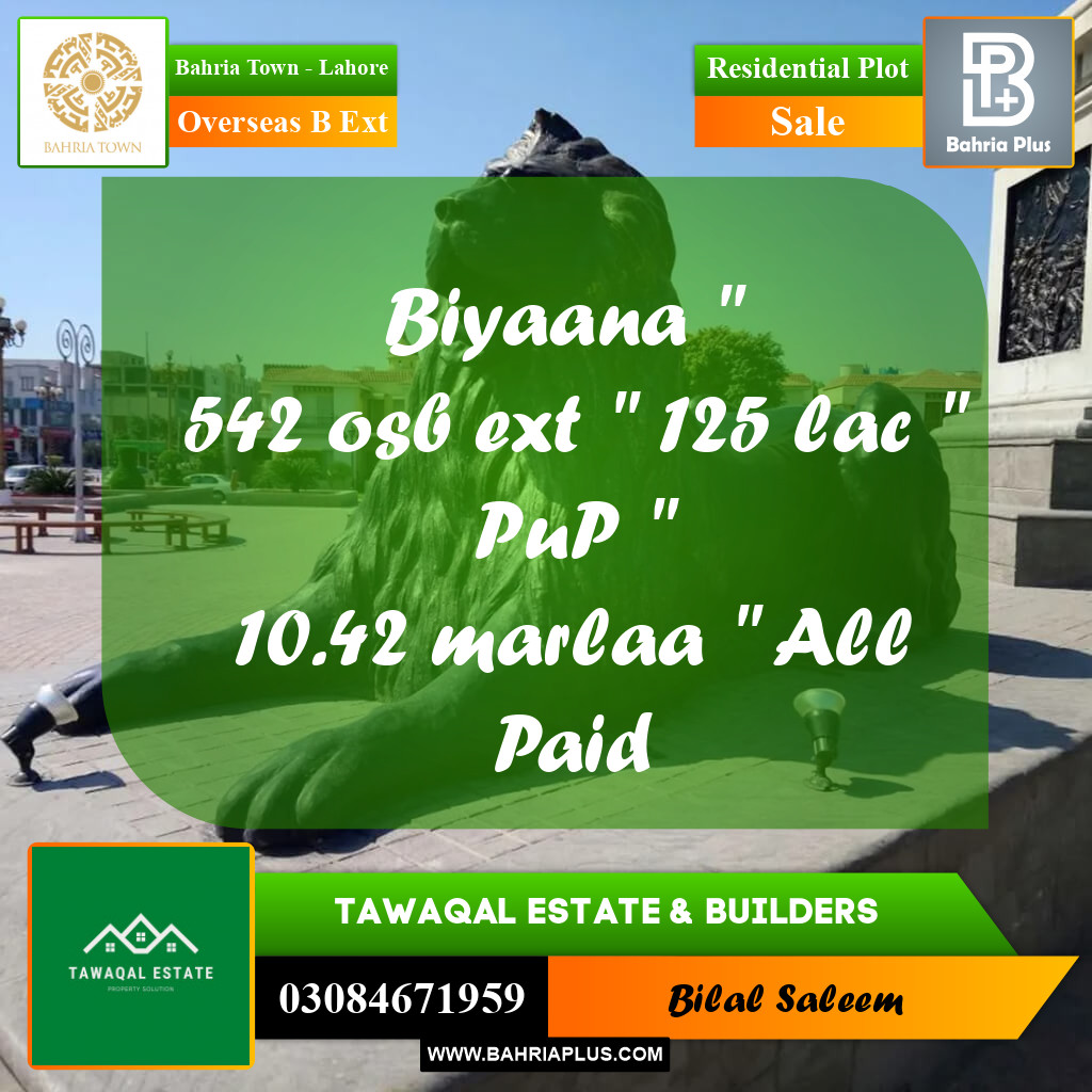Residential Plot for Sale in Overseas B Ext - Bahria Town, Lahore - (BP-194356)