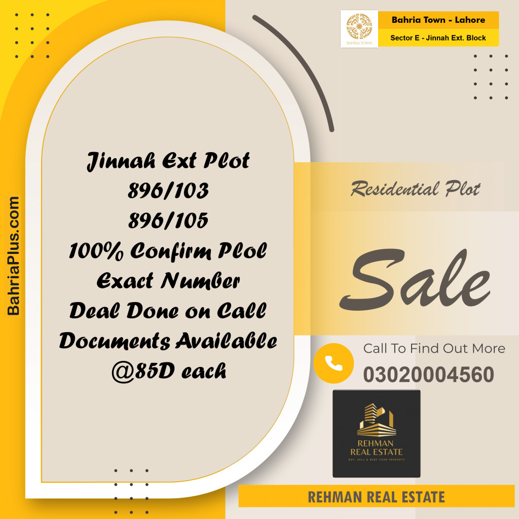 Residential Plot for Sale in Sector E - Jinnah Ext. Block -  Bahria Town, Lahore - (BP-194711)