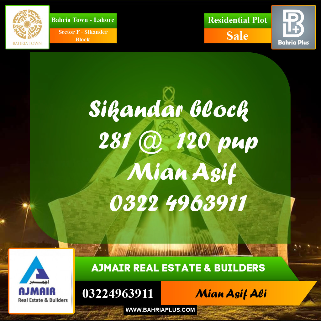 Residential Plot for Sale in Sector F - Sikander Block -  Bahria Town, Lahore - (BP-194821)
