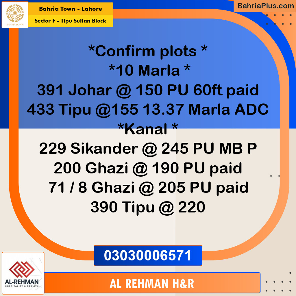 Residential Plot for Sale in Sector F - Tipu Sultan Block -  Bahria Town, Lahore - (BP-194936)