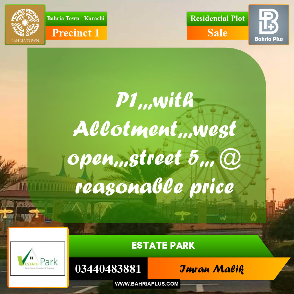 250 Sq. Yards Residential Plot for Sale in Precinct 1 -  Bahria Town, Karachi - (BP-195107)