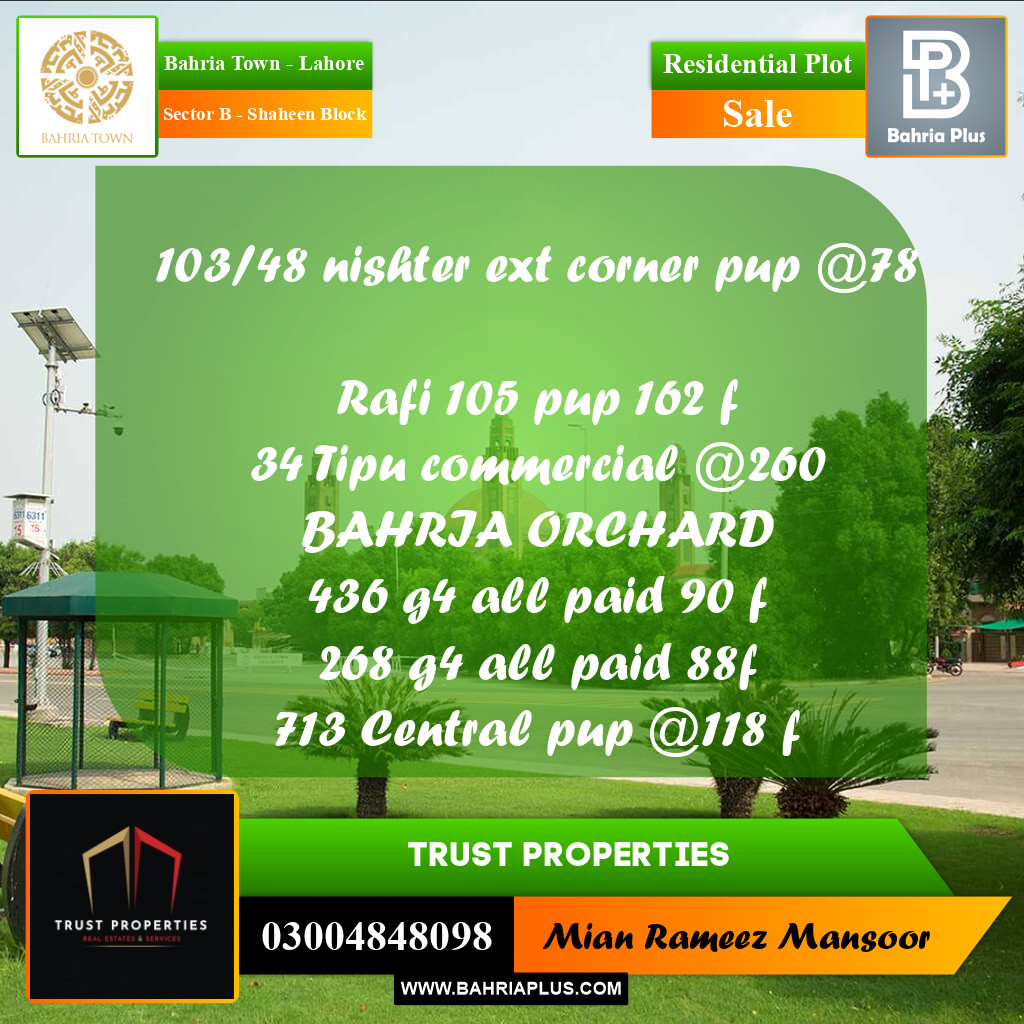 Residential Plot for Sale in Sector B - Shaheen Block - Bahria Town, Lahore - (BP-195228)