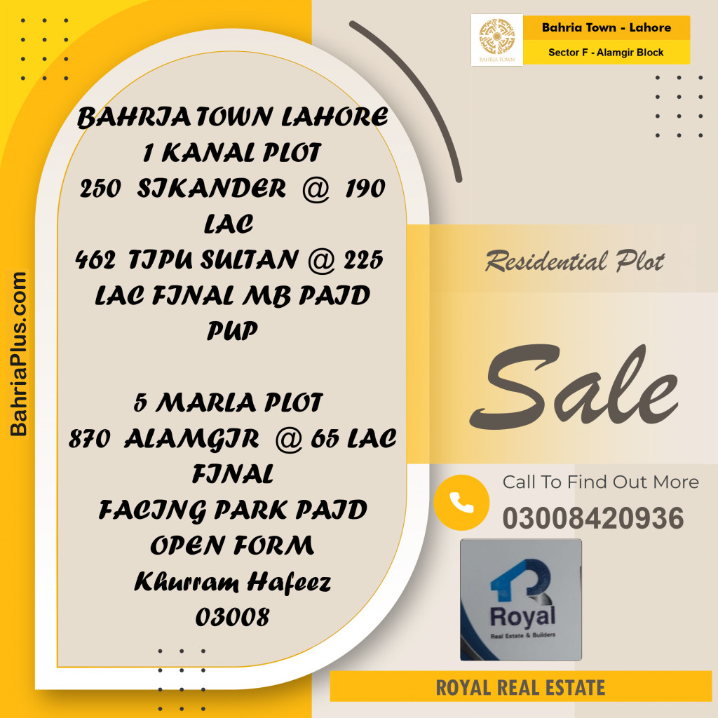 Residential Plot for Sale in Sector F - Alamgir Block -  Bahria Town, Lahore - (BP-195288)