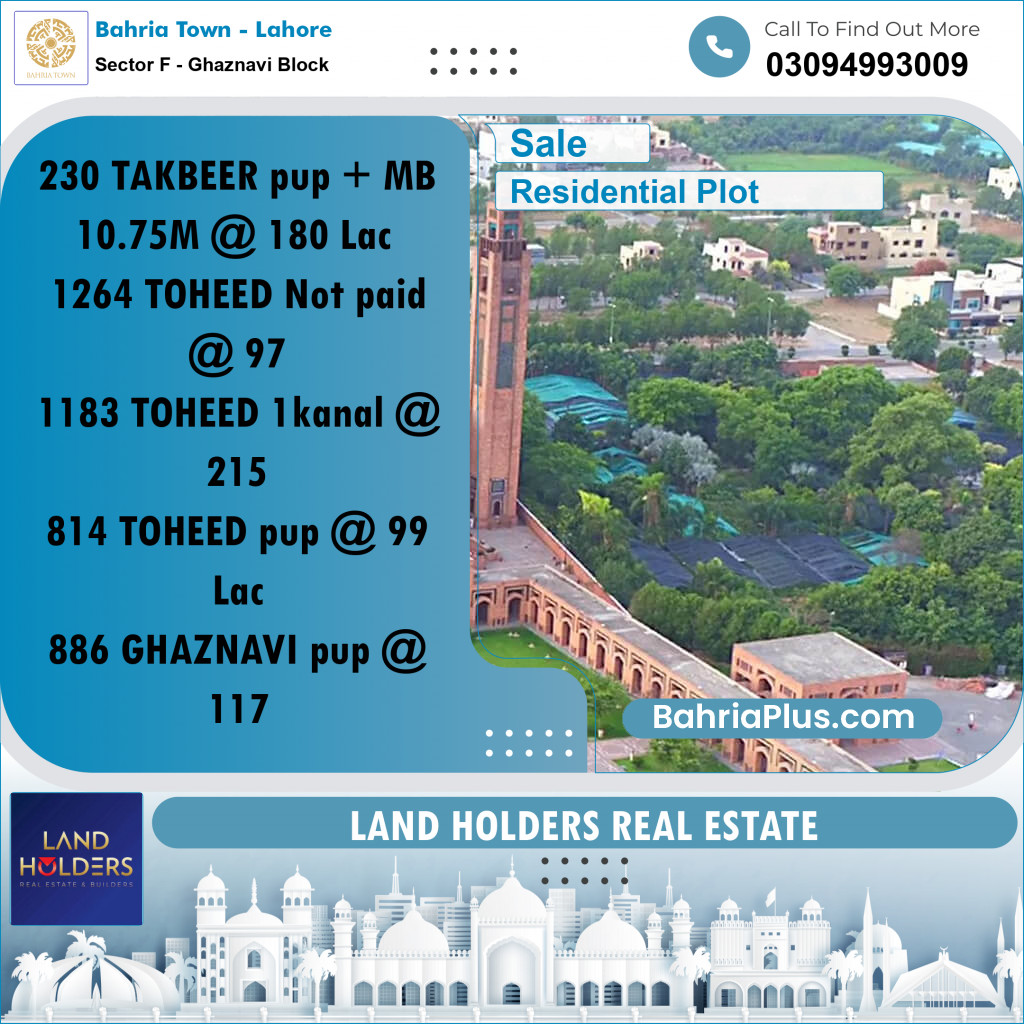 Residential Plot for Sale in Sector F - Ghaznavi Block -  Bahria Town, Lahore - (BP-195296)