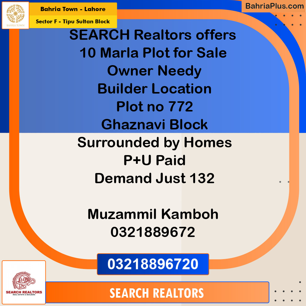 Residential Plot for Sale in Sector F - Tipu Sultan Block -  Bahria Town, Lahore - (BP-195365)