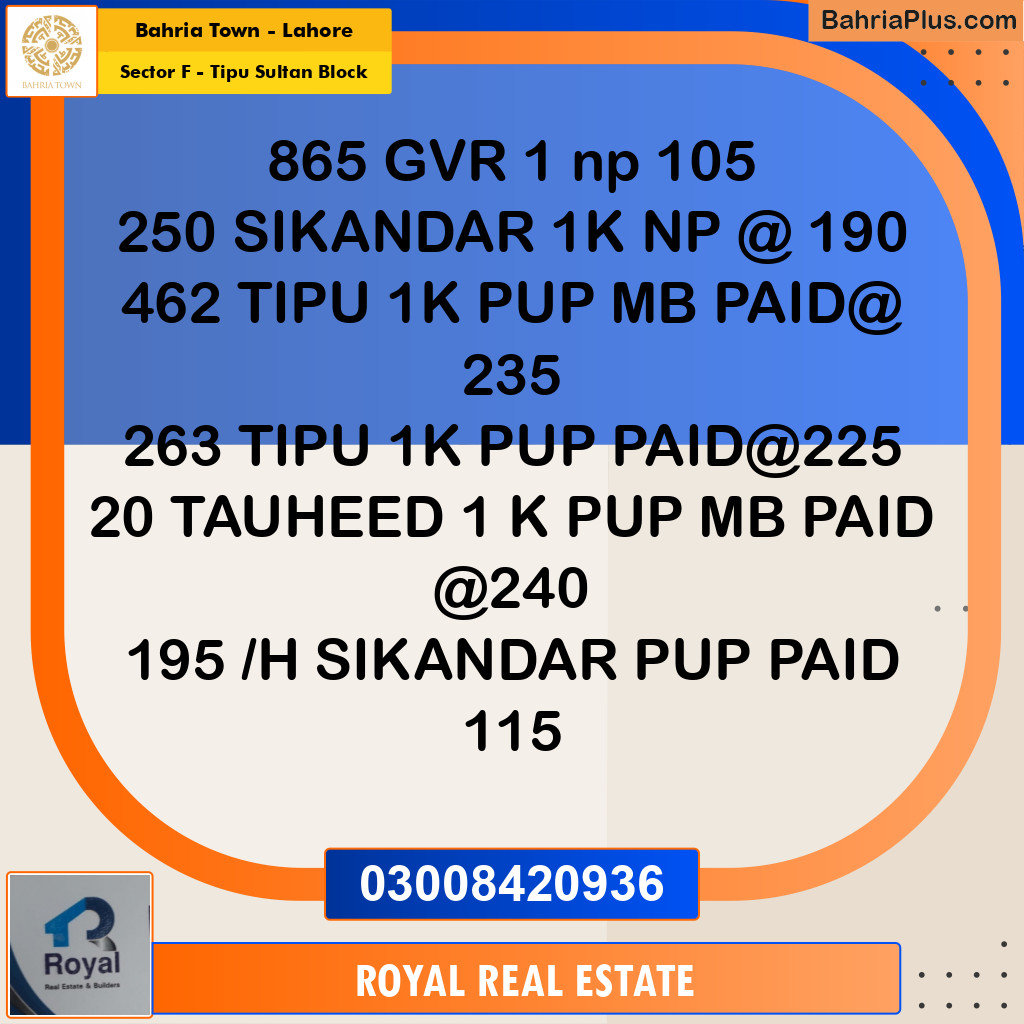 Residential Plot for Sale in Sector F - Tipu Sultan Block -  Bahria Town, Lahore - (BP-195389)