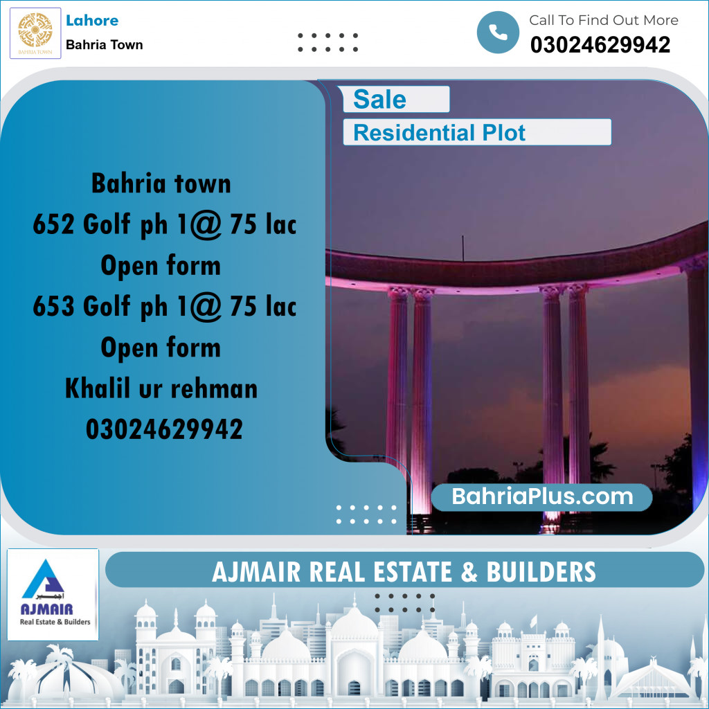 Residential Plot for Sale in Bahria Town, Lahore - (BP-195393)