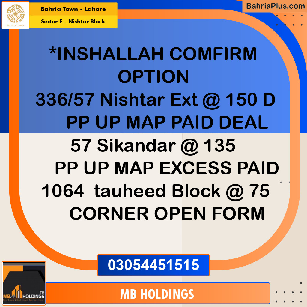 Residential Plot for Sale in Sector E - Nishtar Block -  Bahria Town, Lahore - (BP-195410)