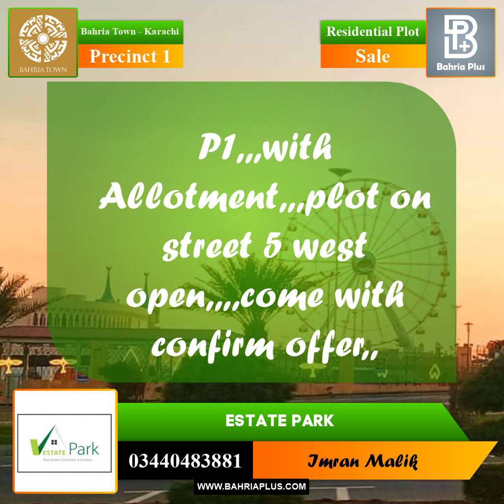 250 Sq. Yards Residential Plot for Sale in Precinct 1 -  Bahria Town, Karachi - (BP-195621)