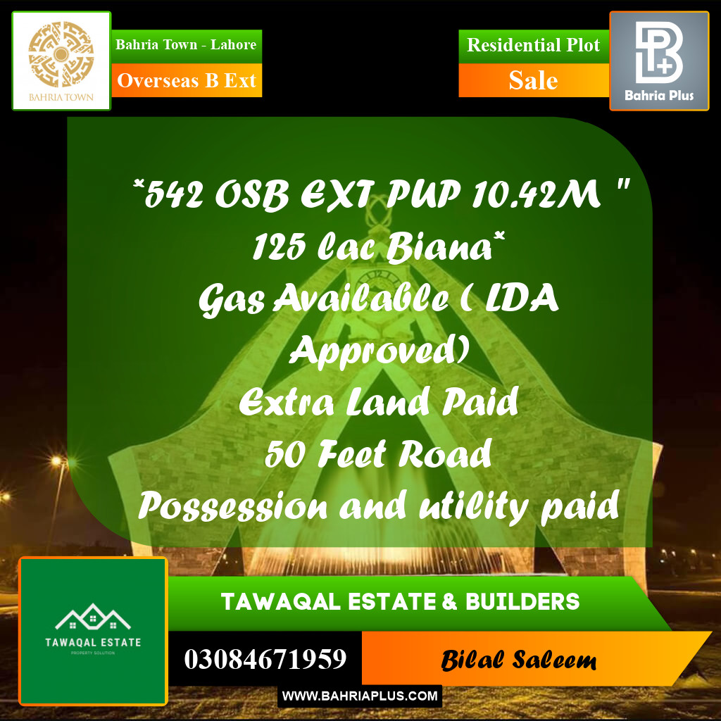 Residential Plot for Sale in Overseas B Ext -  Bahria Town, Lahore - (BP-195878)