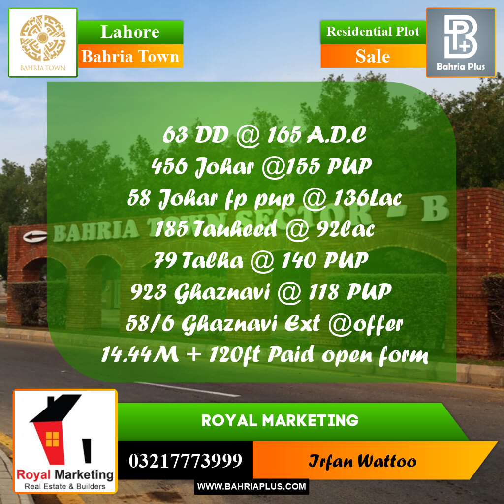 Residential Plot for Sale in Bahria Town, Lahore - (BP-195930)