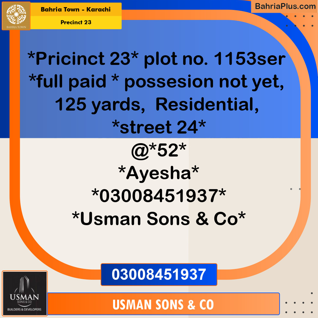 125 Sq. Yards Residential Plot for Sale in Precinct 23 -  Bahria Town, Karachi - (BP-196085)