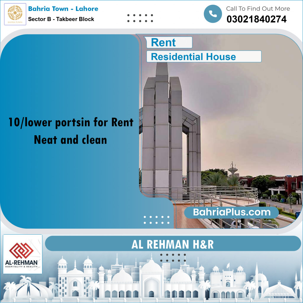 Residential House for Rent in Sector B - Takbeer Block - Bahria Town, Lahore - (BP-196126)