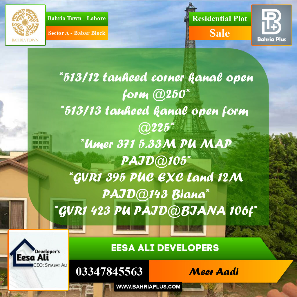 Residential Plot for Sale in Sector A - Babar Block -  Bahria Town, Lahore - (BP-196157)