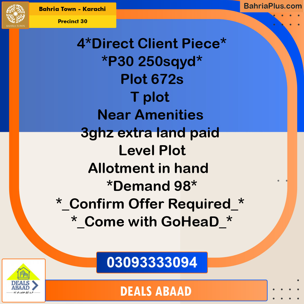 250 Sq. Yards Residential Plot for Sale in Precinct 30 -  Bahria Town, Karachi - (BP-196806)