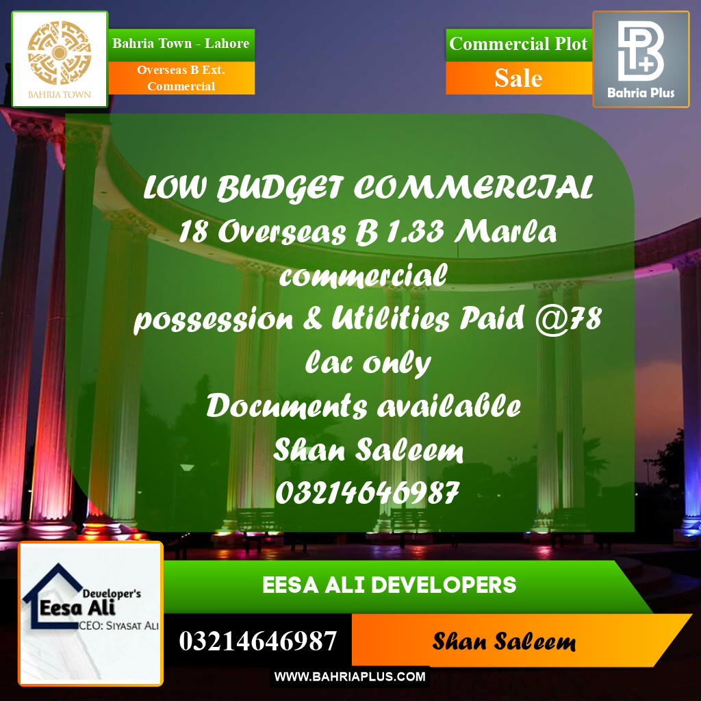 Commercial Plot for Sale in Overseas B Ext. Commercial -  Bahria Town, Lahore - (BP-196813)