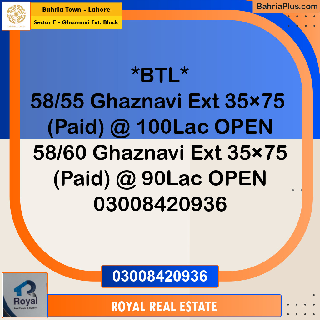 Residential Plot for Sale in Sector F - Ghaznavi Ext. Block -  Bahria Town, Lahore - (BP-197028)