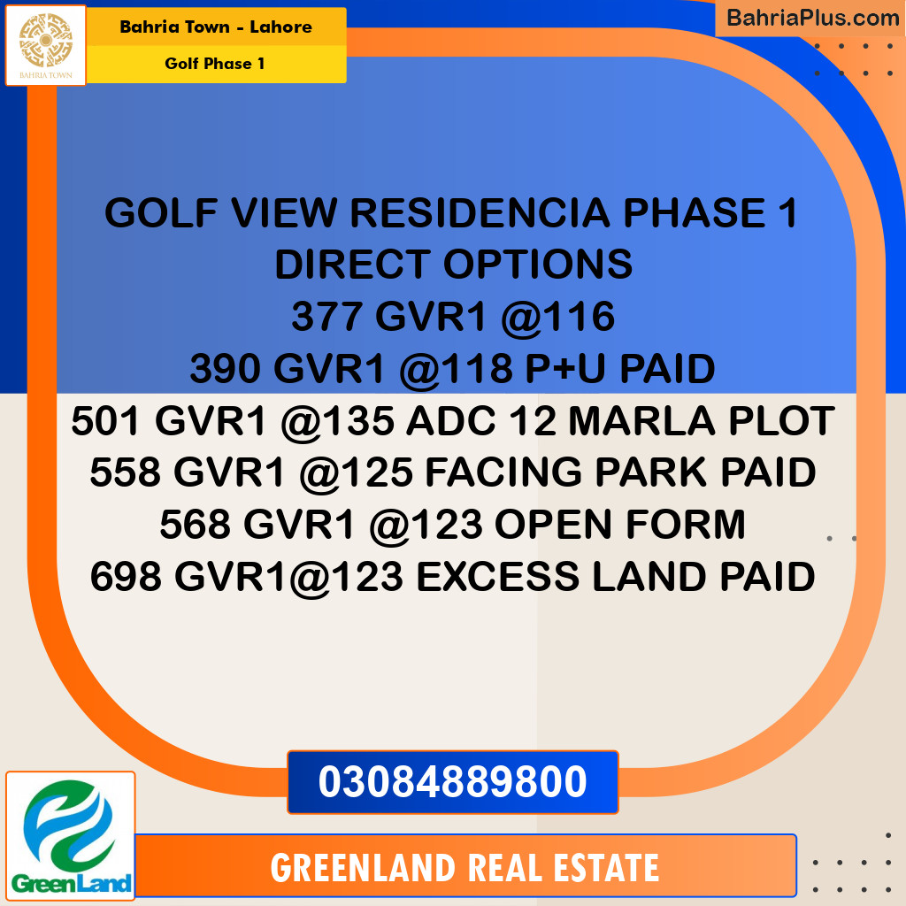 Residential Plot for Sale in Golf Phase 1 -  Bahria Town, Lahore - (BP-197100)