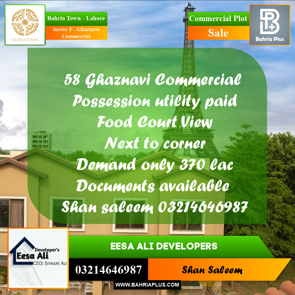 Commercial Plot for Sale in Sector F - Ghaznavi Commercial -  Bahria Town, Lahore - (BP-197213)