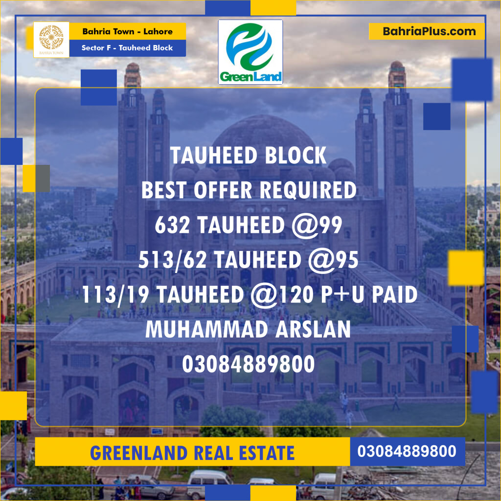 Residential Plot for Sale in Sector F - Tauheed Block -  Bahria Town, Lahore - (BP-197227)