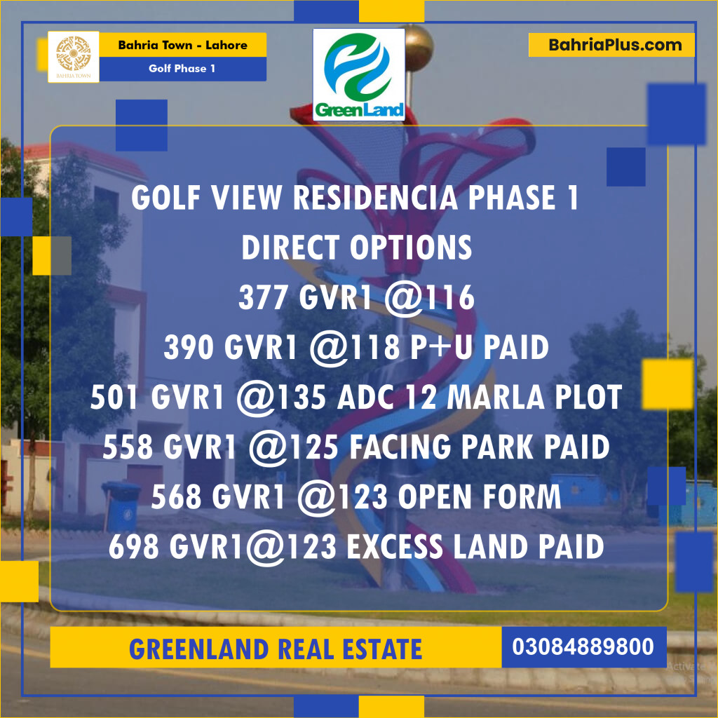 Residential Plot for Sale in Golf Phase 1 -  Bahria Town, Lahore - (BP-197231)