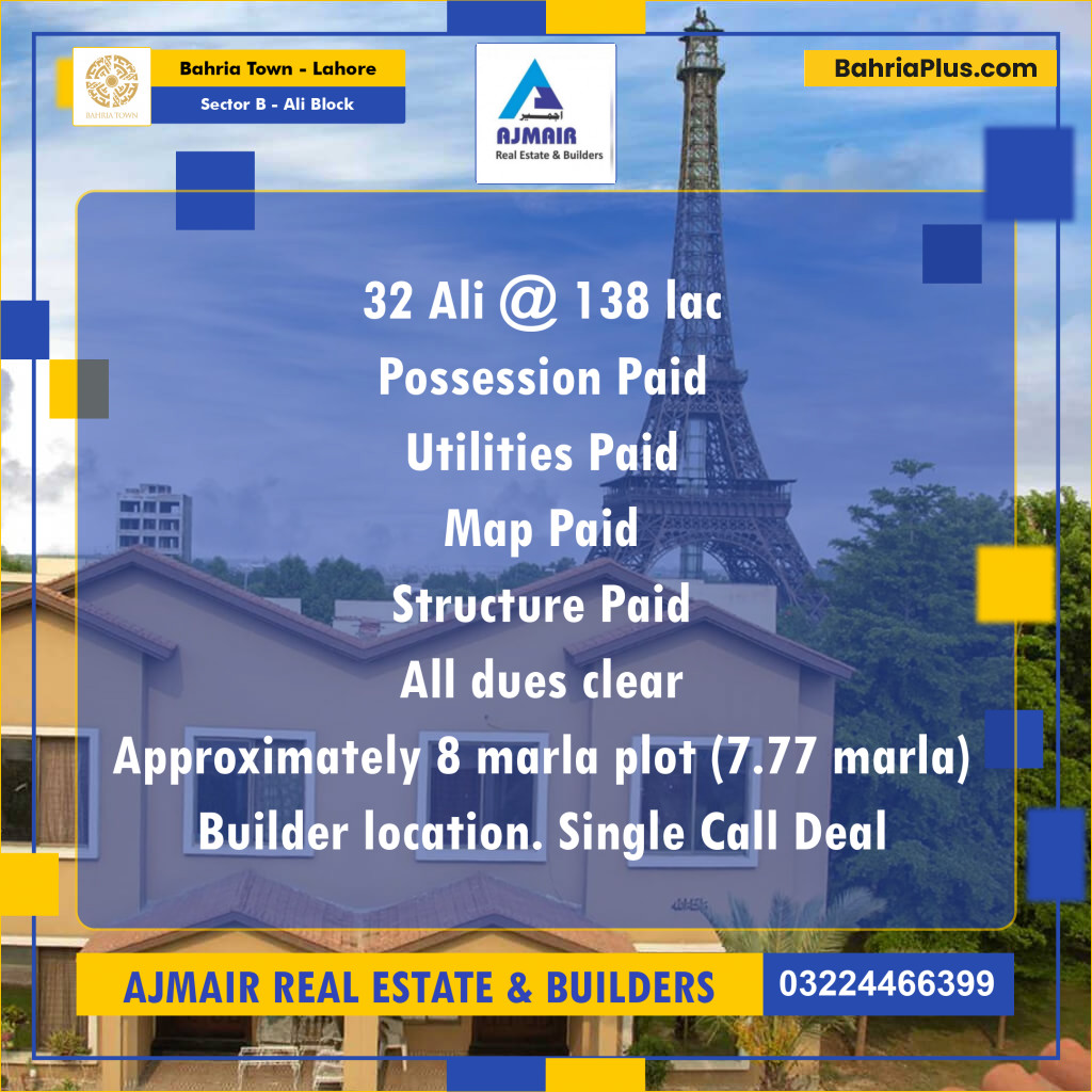 Residential Plot for Sale in Sector B - Ali Block -  Bahria Town, Lahore - (BP-197374)