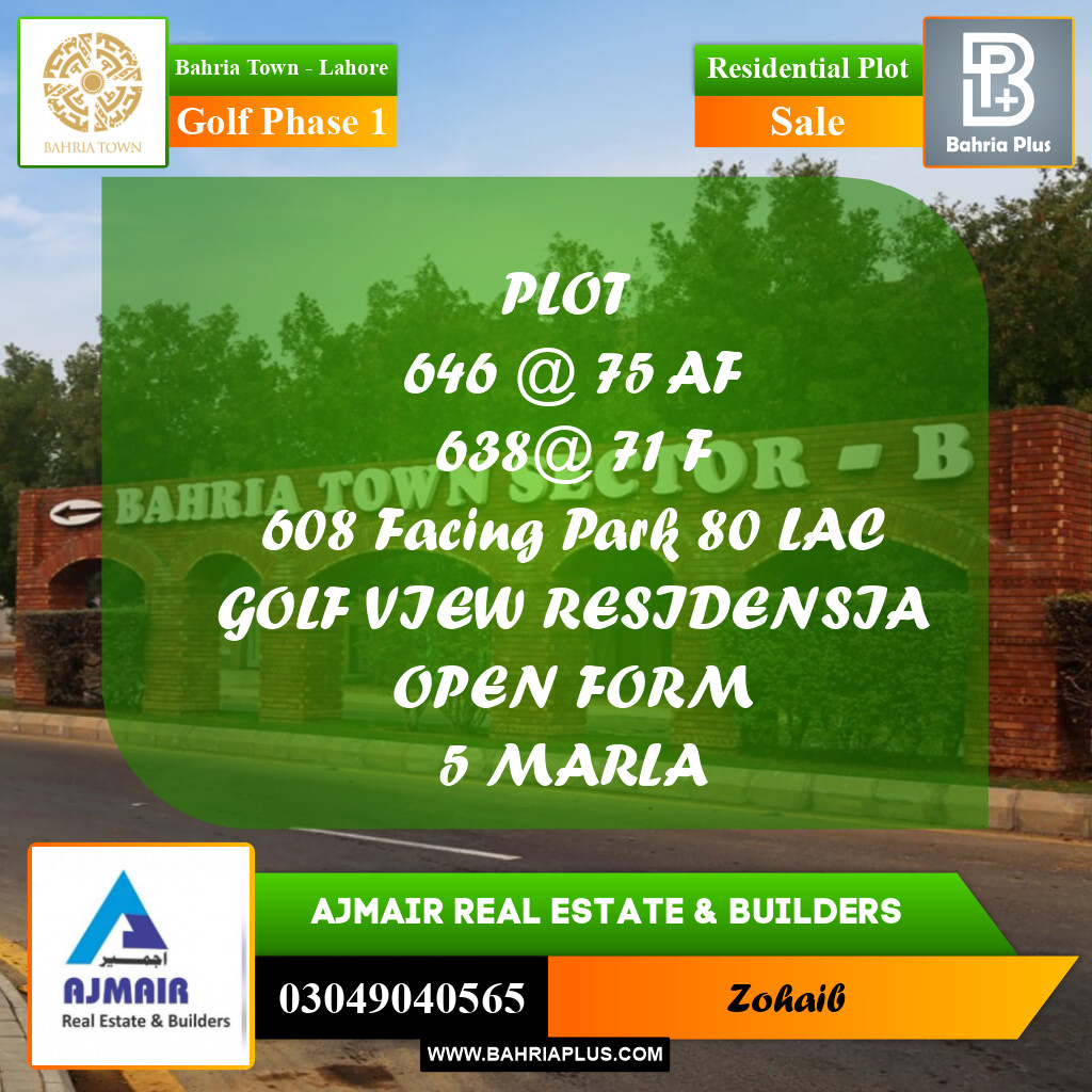 Residential Plot for Sale in Golf Phase 1 -  Bahria Town, Lahore - (BP-197418)