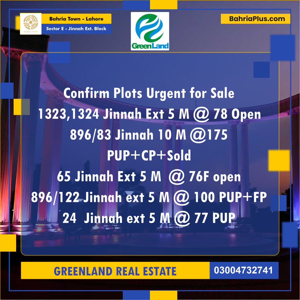 Residential Plot for Sale in Sector E - Jinnah Ext. Block -  Bahria Town, Lahore - (BP-197853)