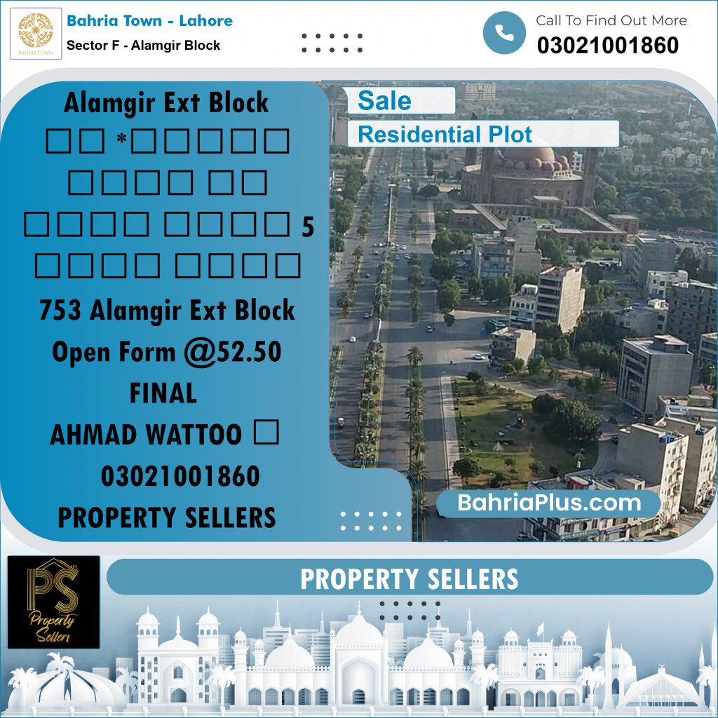 Residential Plot for Sale in Sector F - Alamgir Block - Bahria Town, Lahore - (BP-197946)