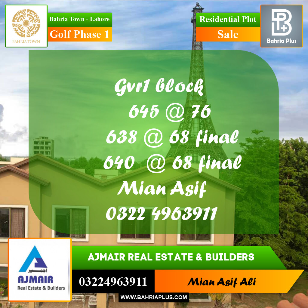 Residential Plot for Sale in Golf Phase 1 -  Bahria Town, Lahore - (BP-198298)
