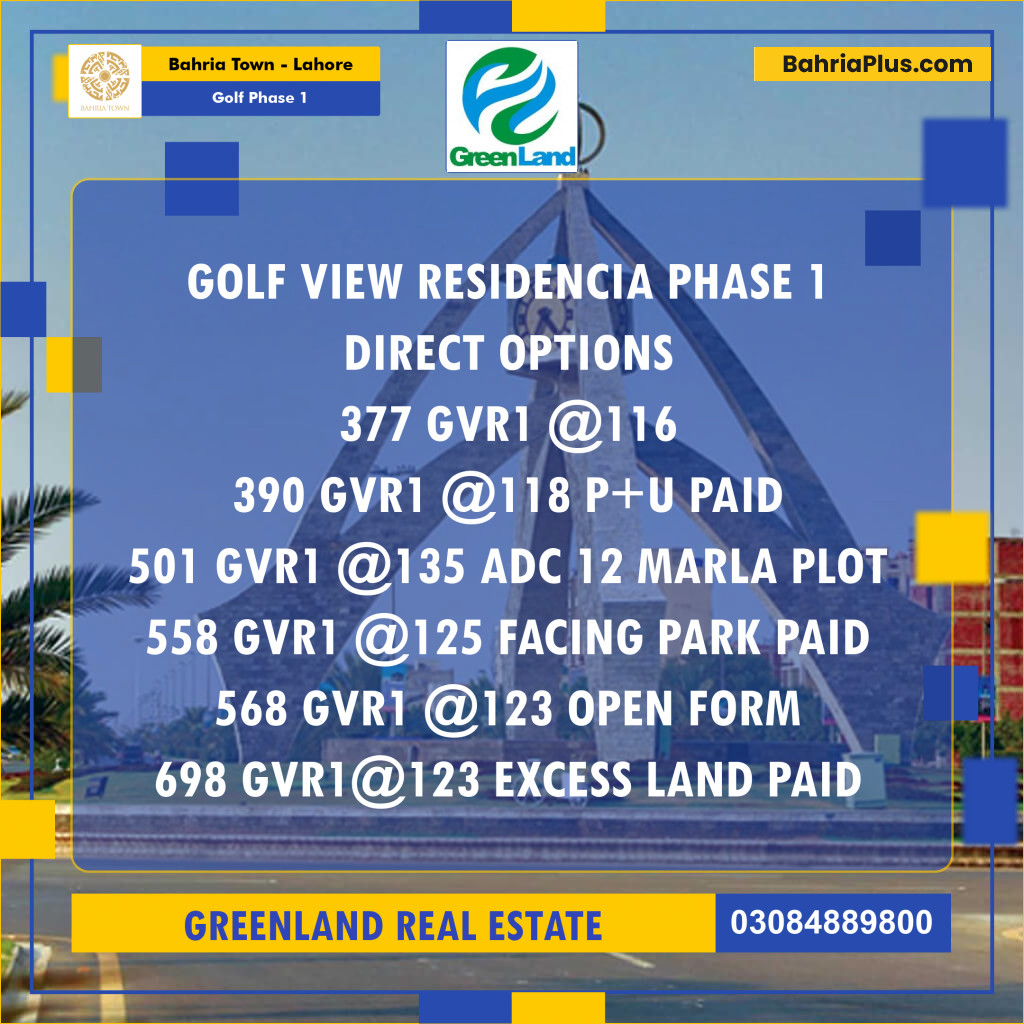 Residential Plot for Sale in Golf Phase 1 -  Bahria Town, Lahore - (BP-198345)