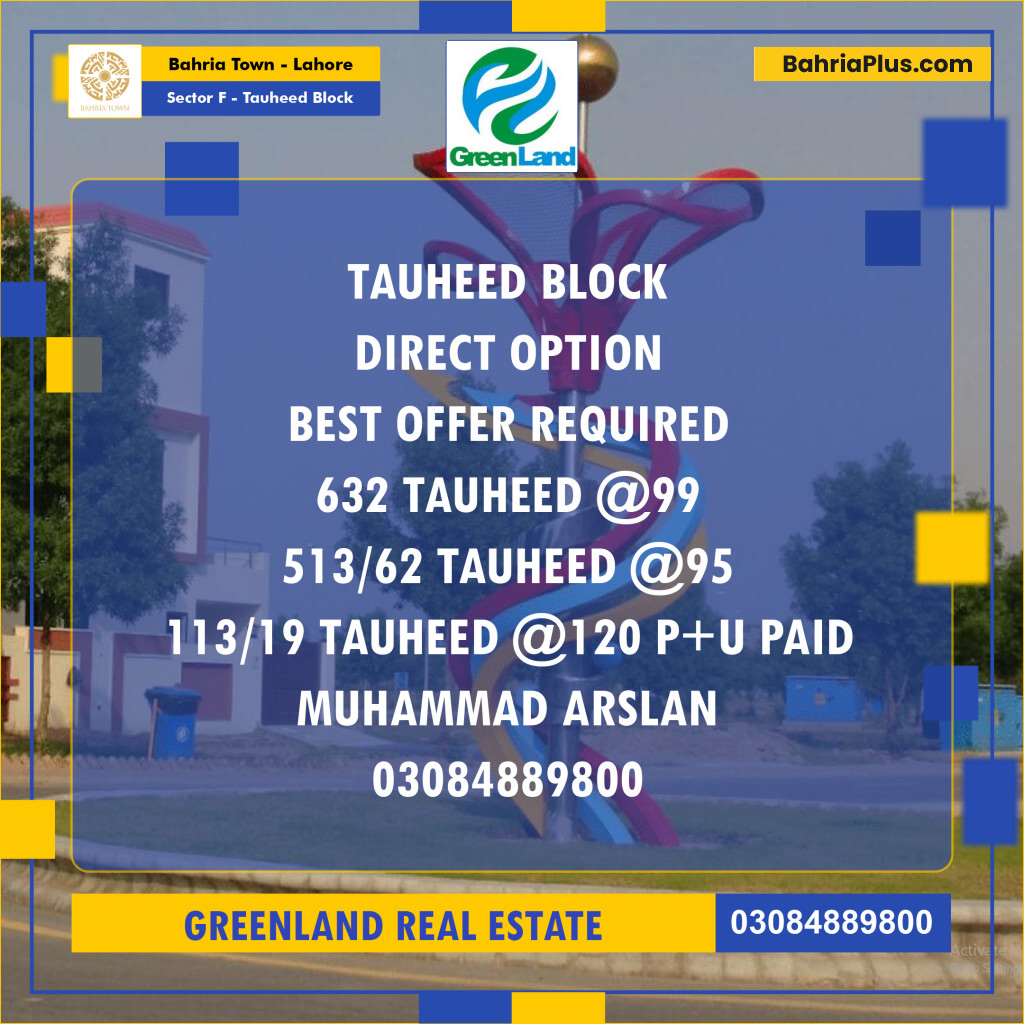 Residential Plot for Sale in Sector F - Tauheed Block -  Bahria Town, Lahore - (BP-198348)