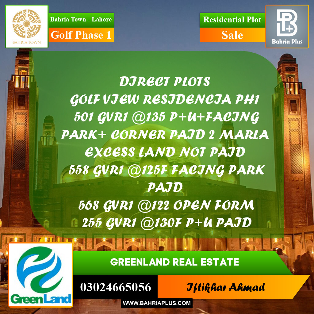 Residential Plot for Sale in Golf Phase 1 - Bahria Town, Lahore - (BP-198426)